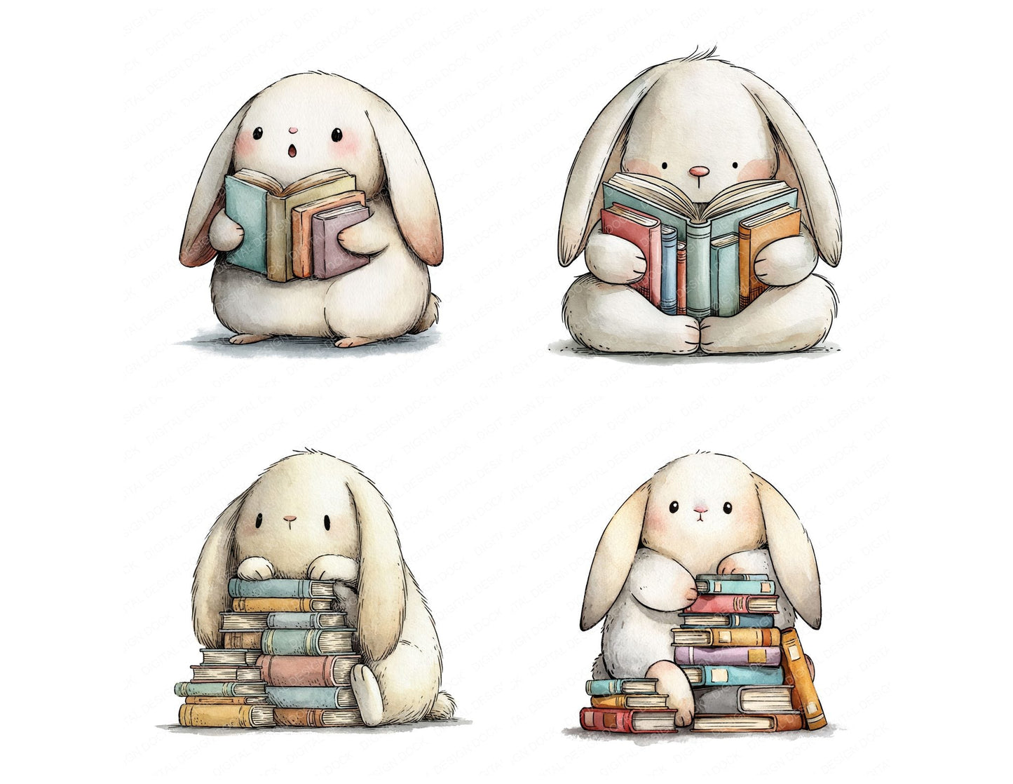 Funny Bookworm Bunny Character Clipart Set (DDD012650)