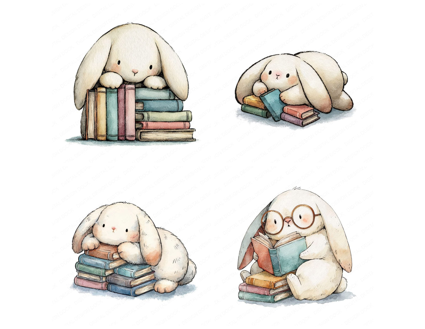 Funny Bookworm Bunny Character Clipart Set (DDD012650)