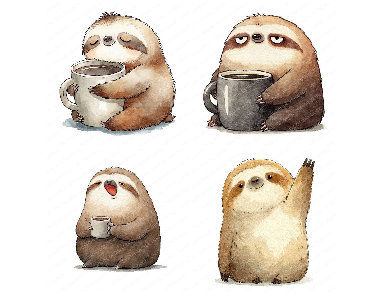 Funny Coffee Sloth Character Clipart Set (DDD012652)