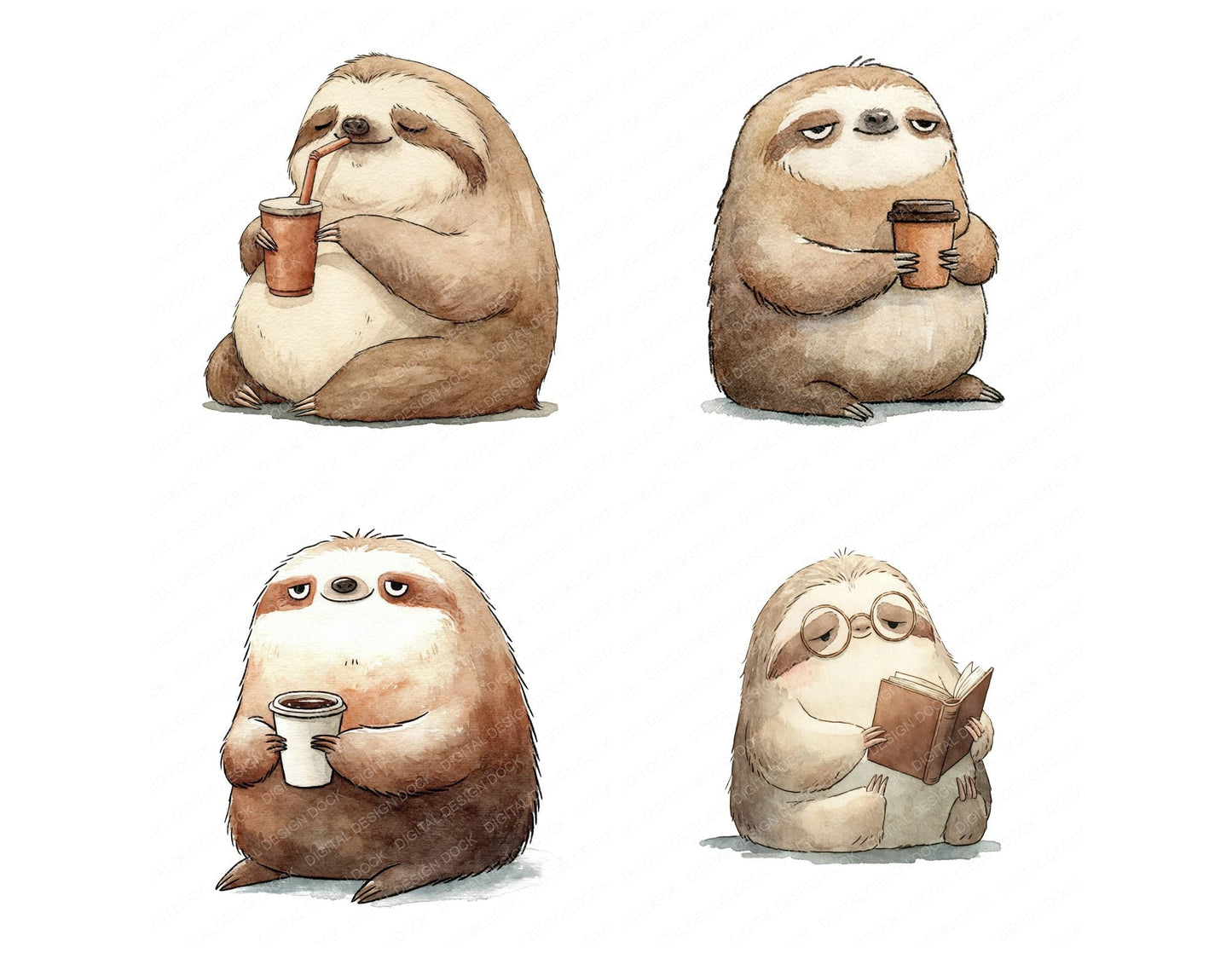 Funny Coffee Sloth Character Clipart Set (DDD012652)