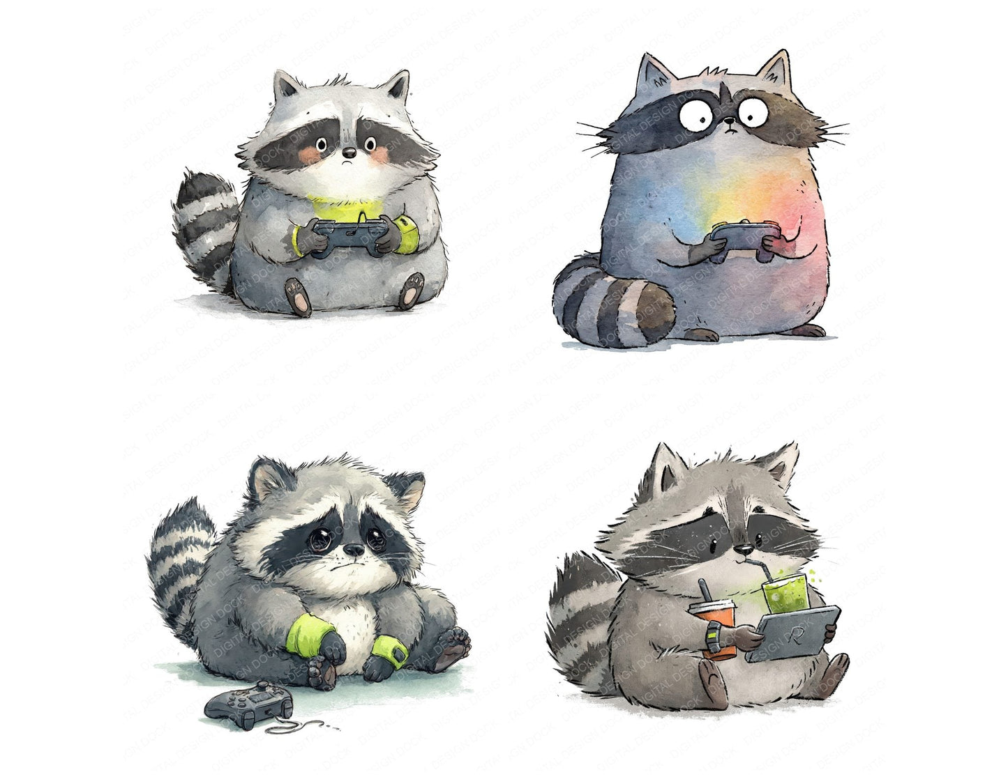 Funny Gamer Raccoon Character Clipart Set (DDD012654)