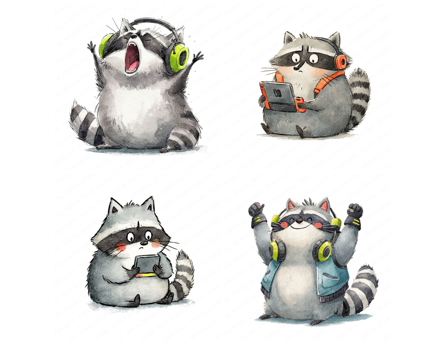Funny Gamer Raccoon Character Clipart Set (DDD012654)