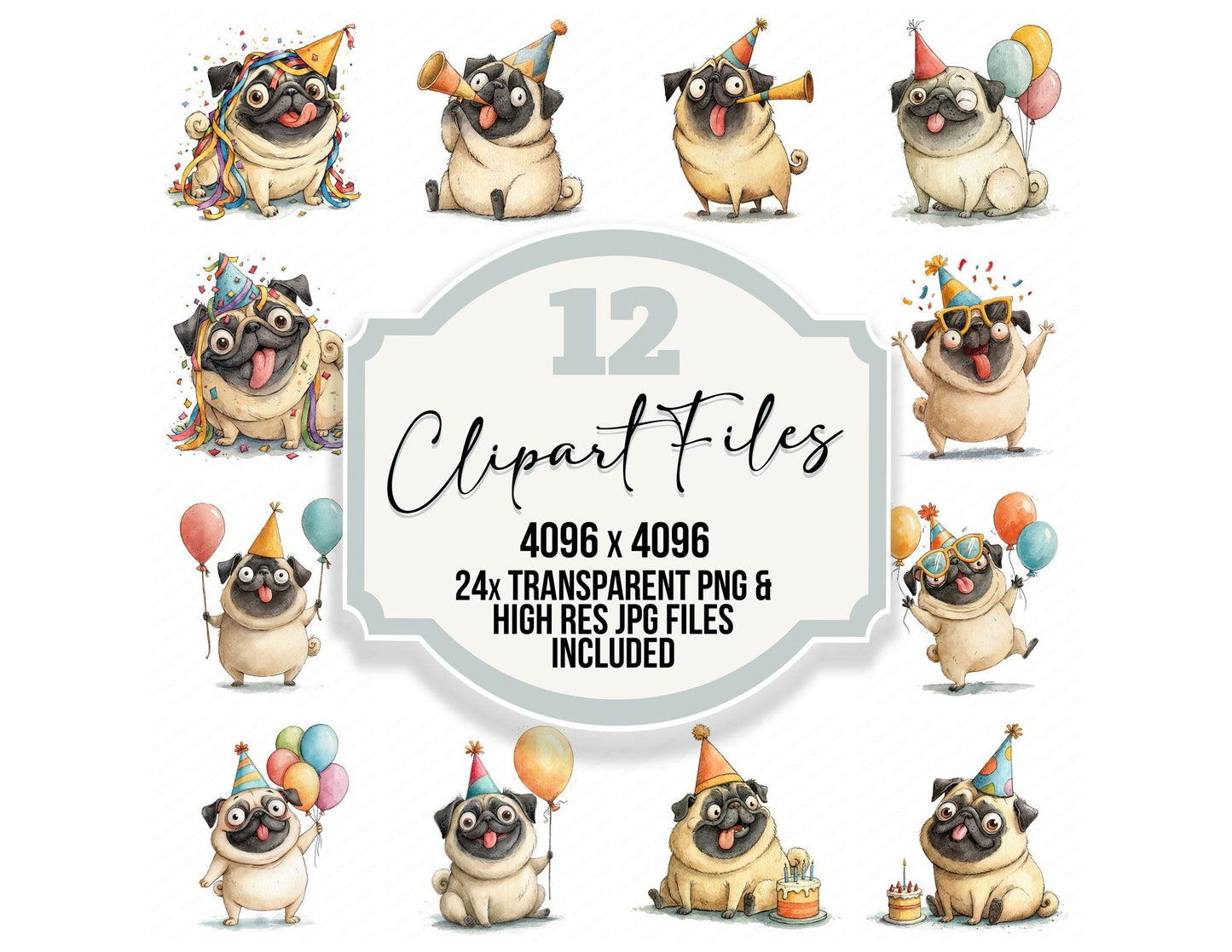 Funny Party Pug Character Clipart Set (DDD012657)
