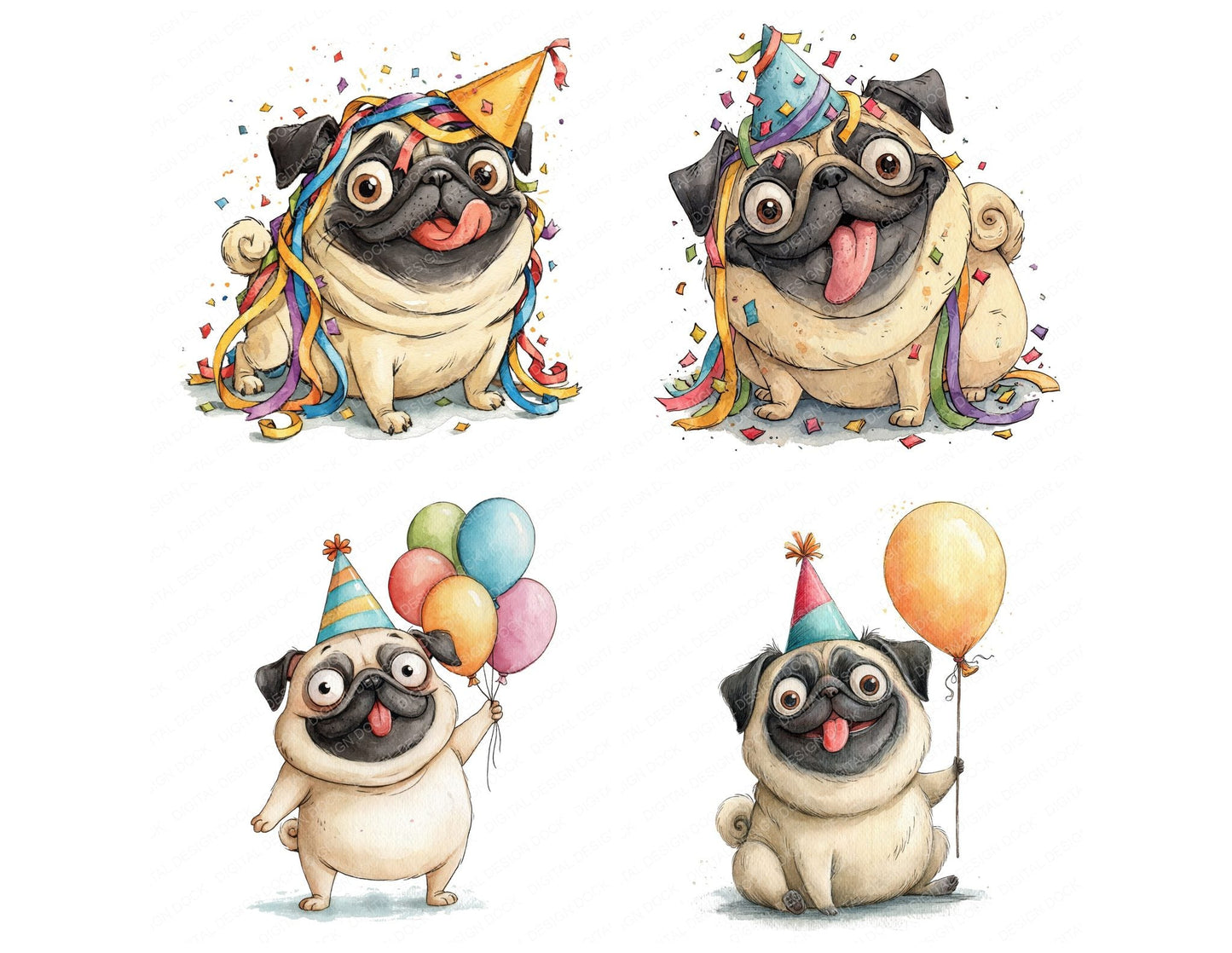 Funny Party Pug Character Clipart Set (DDD012657)