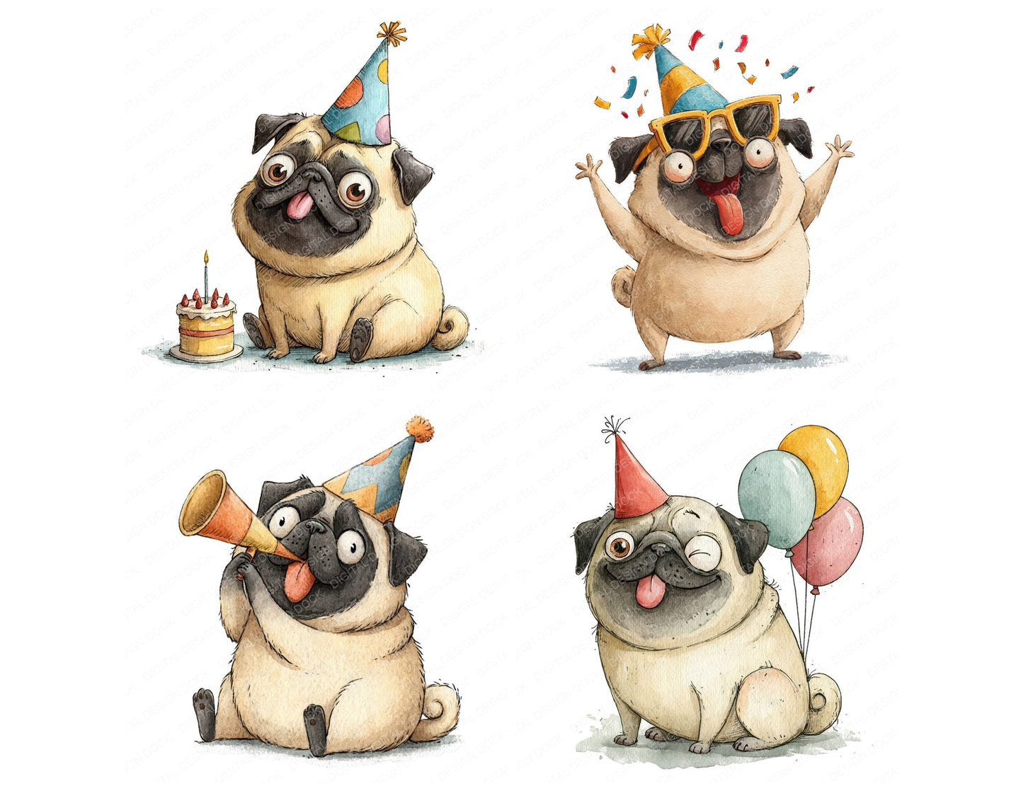 Funny Party Pug Character Clipart Set (DDD012657)