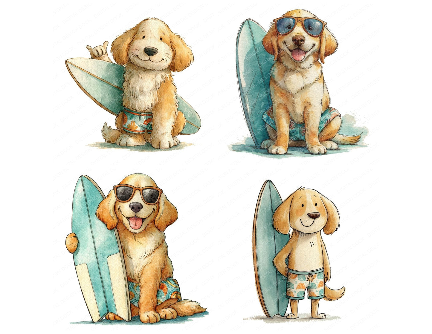 Funny Surfer Dog Character Clipart Set (DDD012658)