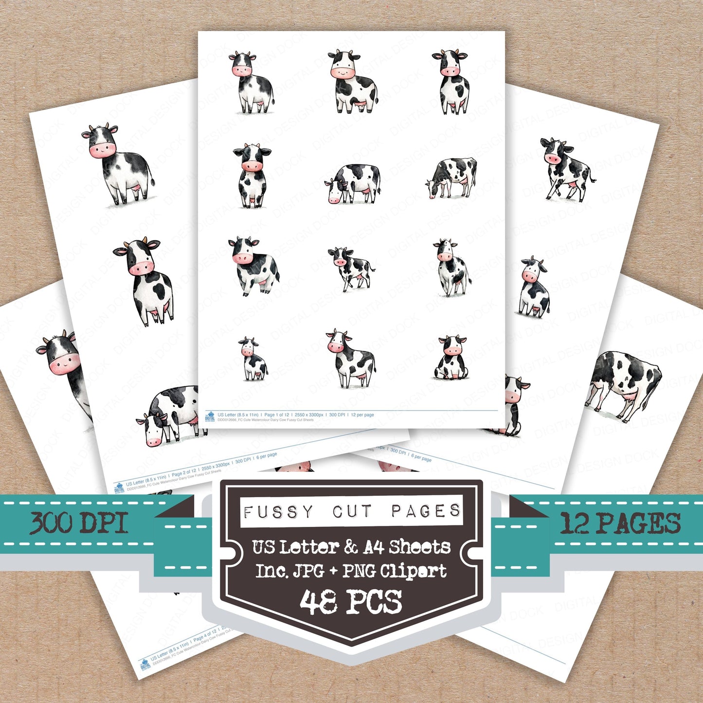 Cute Watercolour Dairy Cow Fussy Cut Sheets (DDD012666)