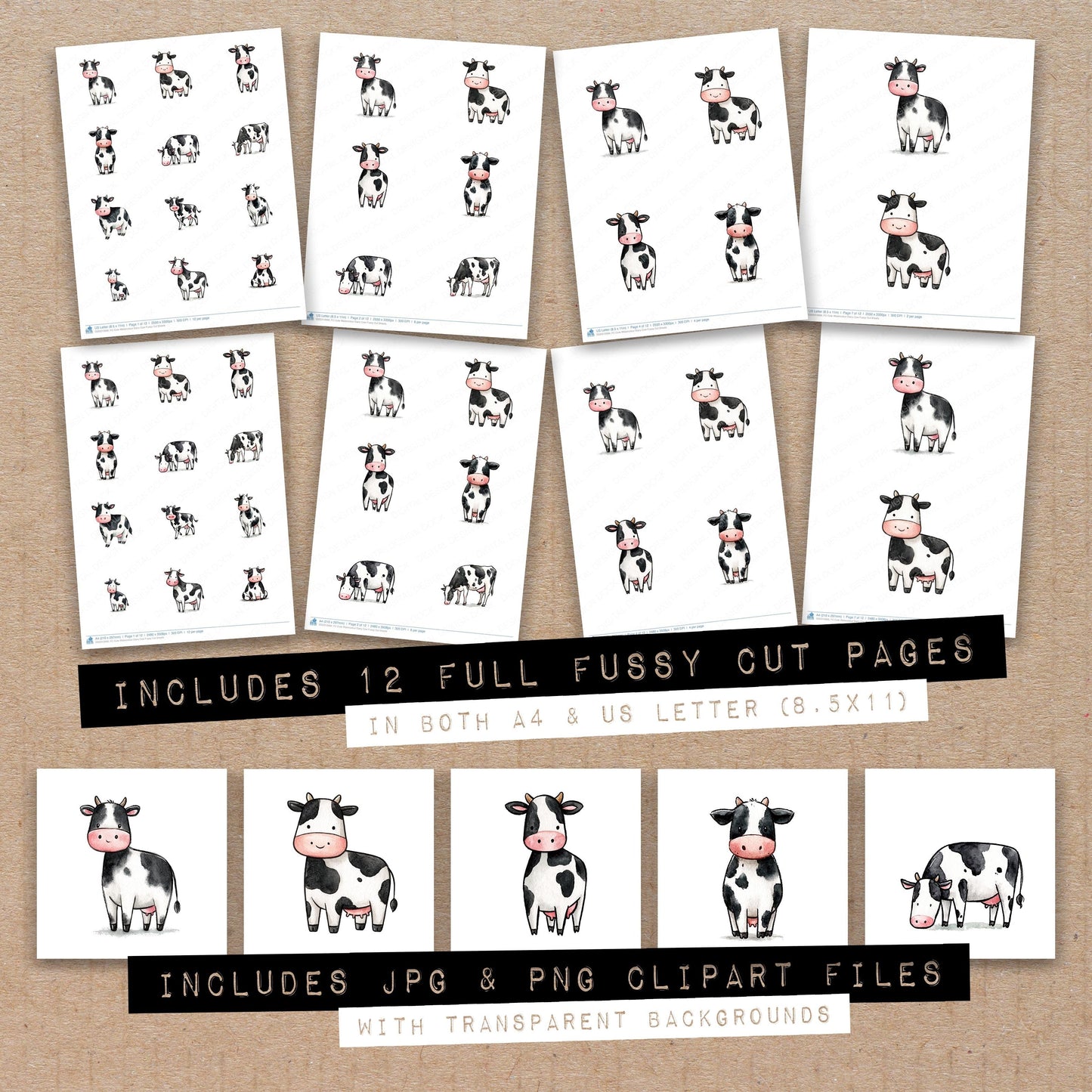 Cute Watercolour Dairy Cow Fussy Cut Sheets (DDD012666)