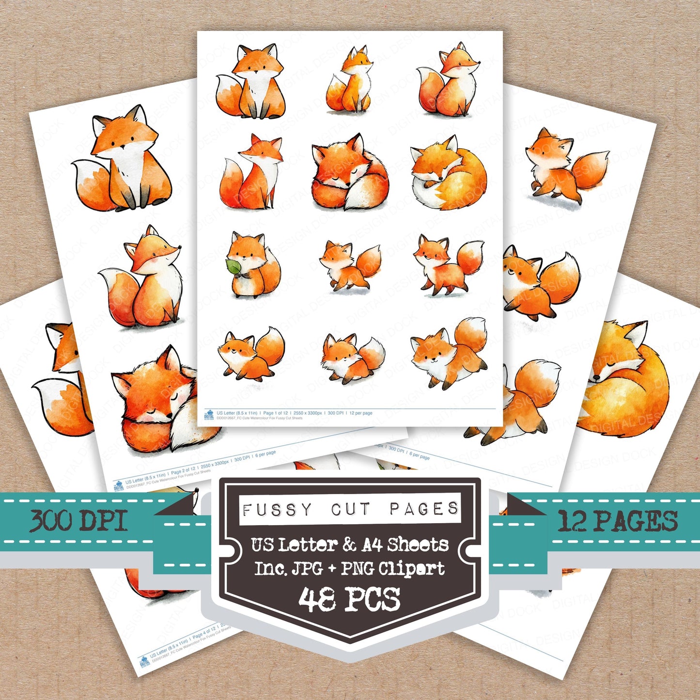 Cute Watercolour Fox Fussy Cut Sheets (DDD012667)