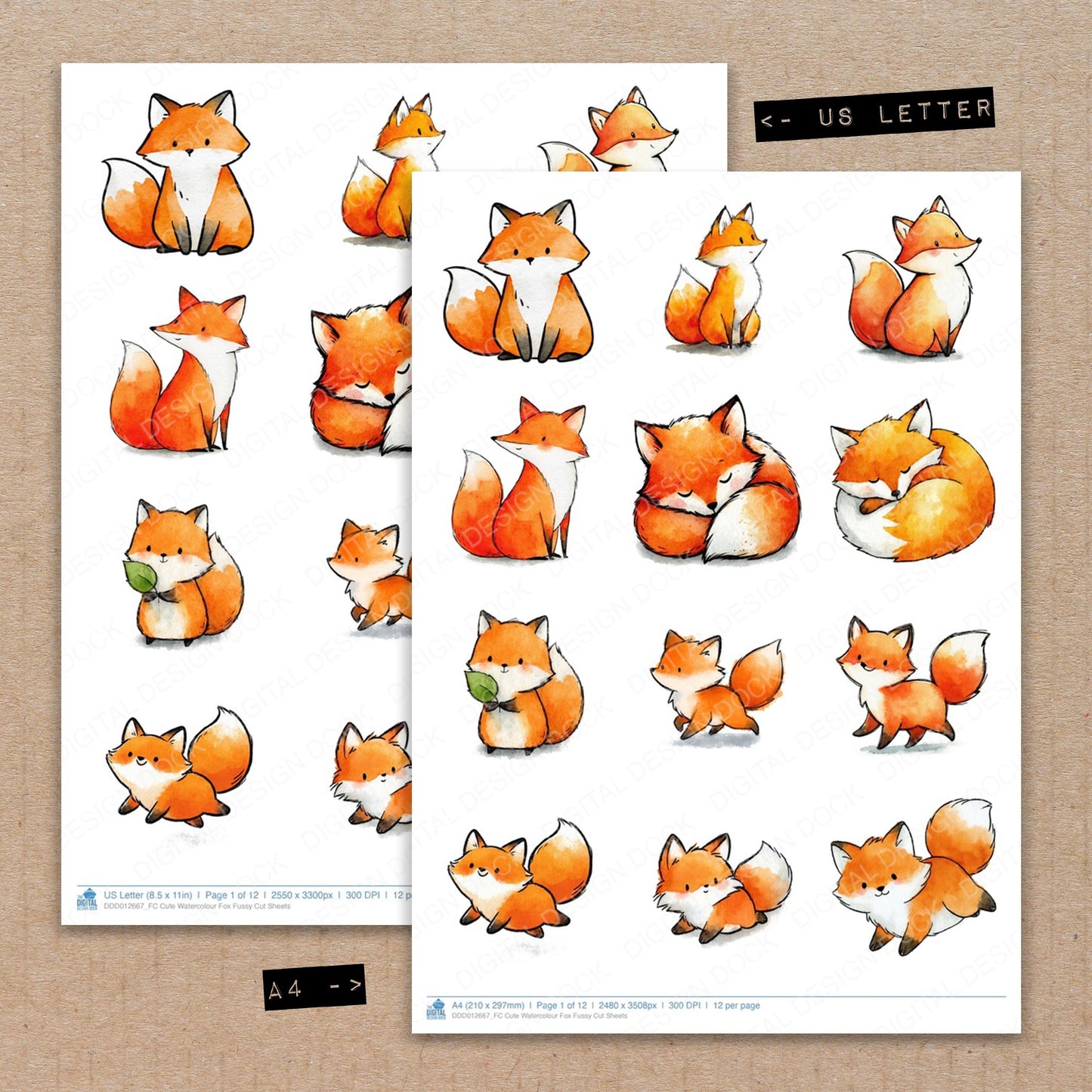 Cute Watercolour Fox Fussy Cut Sheets (DDD012667)