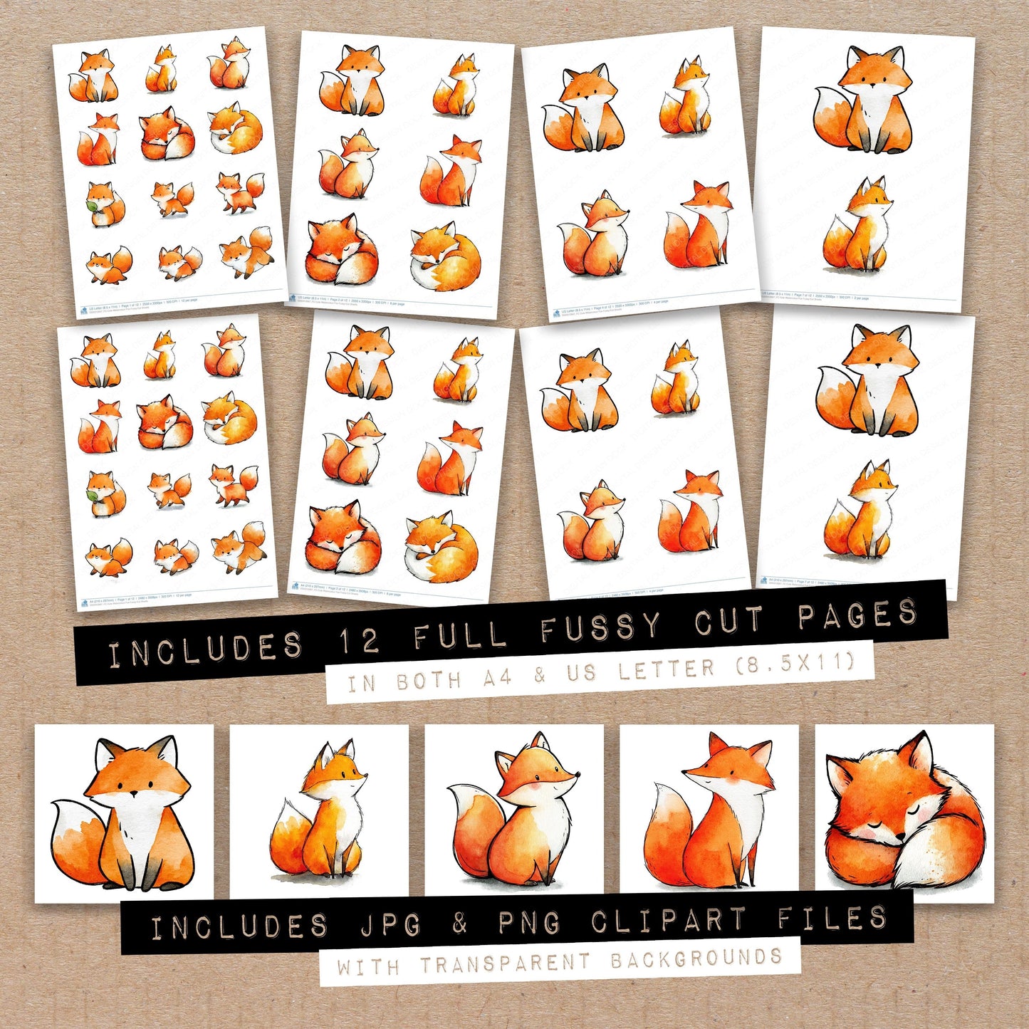 Cute Watercolour Fox Fussy Cut Sheets (DDD012667)