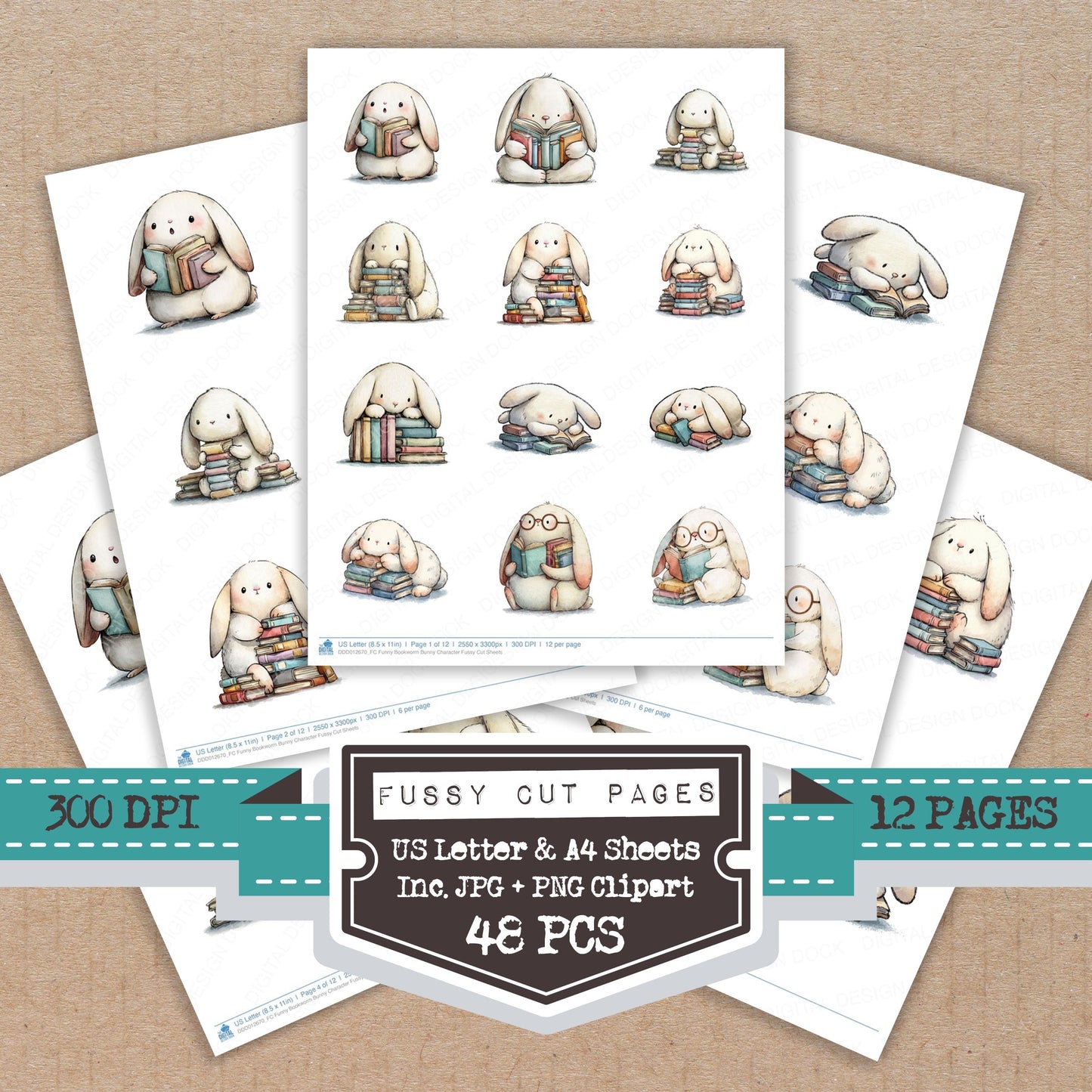 Funny Bookworm Bunny Character Fussy Cut Sheets (DDD012670)