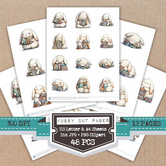 Funny Bookworm Bunny Character Fussy Cut Sheets (DDD012670)
