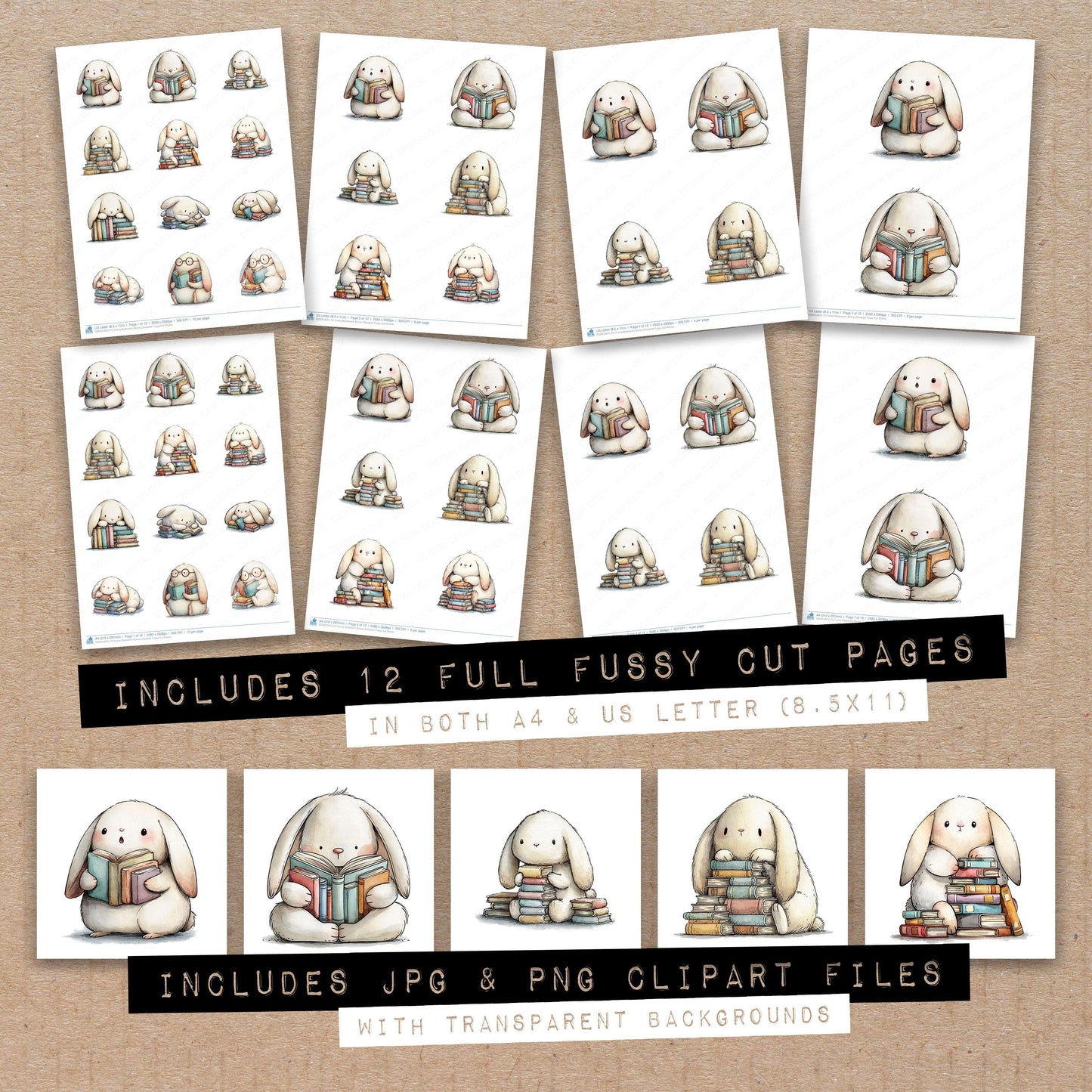 Funny Bookworm Bunny Character Fussy Cut Sheets (DDD012670)