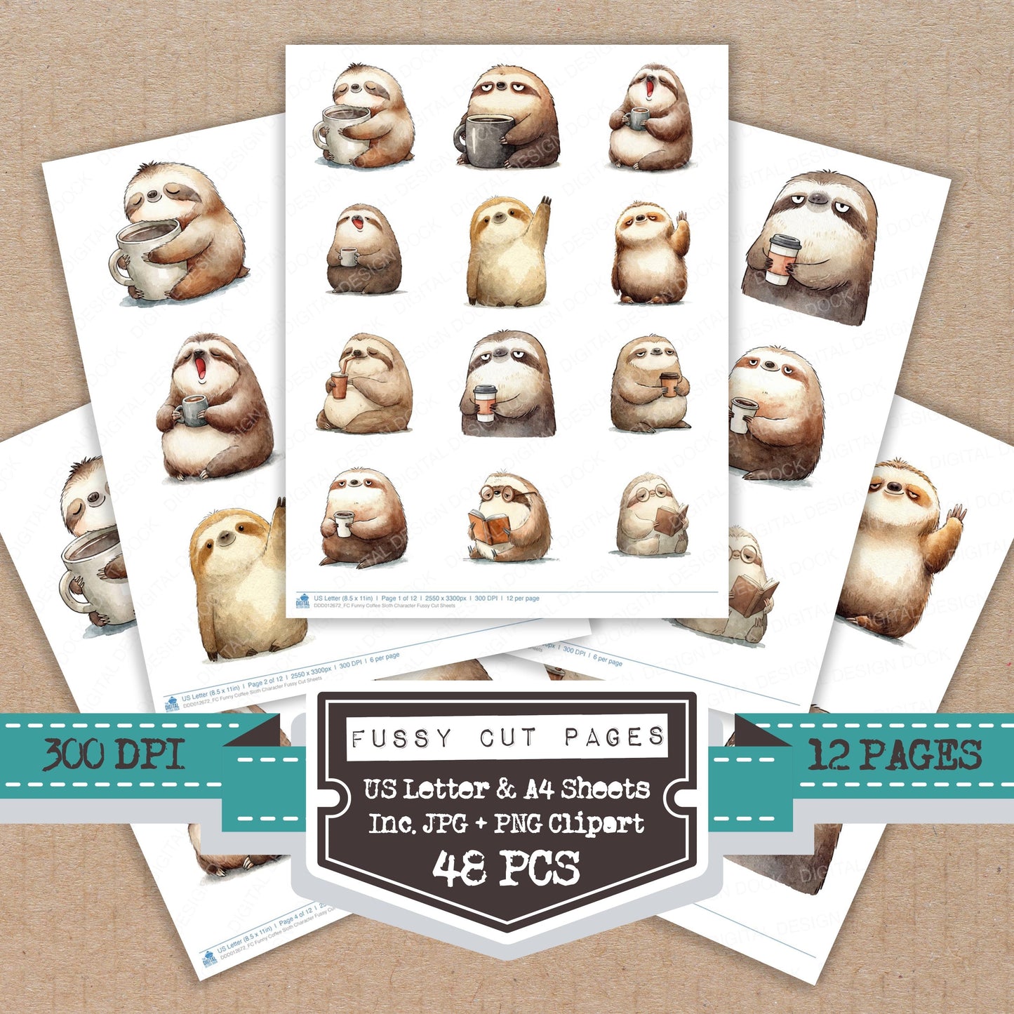 Funny Coffee Sloth Character Fussy Cut Sheets (DDD012672)