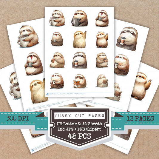 Funny Coffee Sloth Character Fussy Cut Sheets (DDD012672)