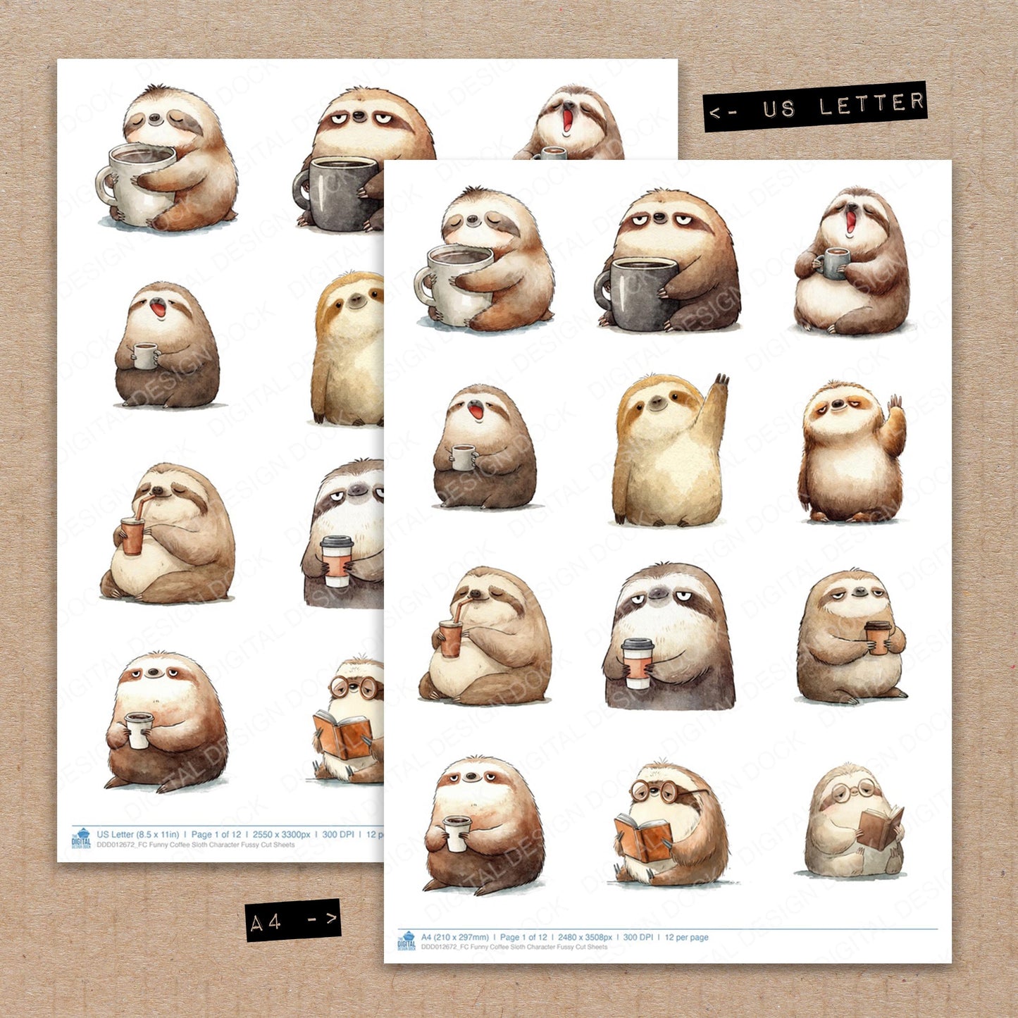 Funny Coffee Sloth Character Fussy Cut Sheets (DDD012672)