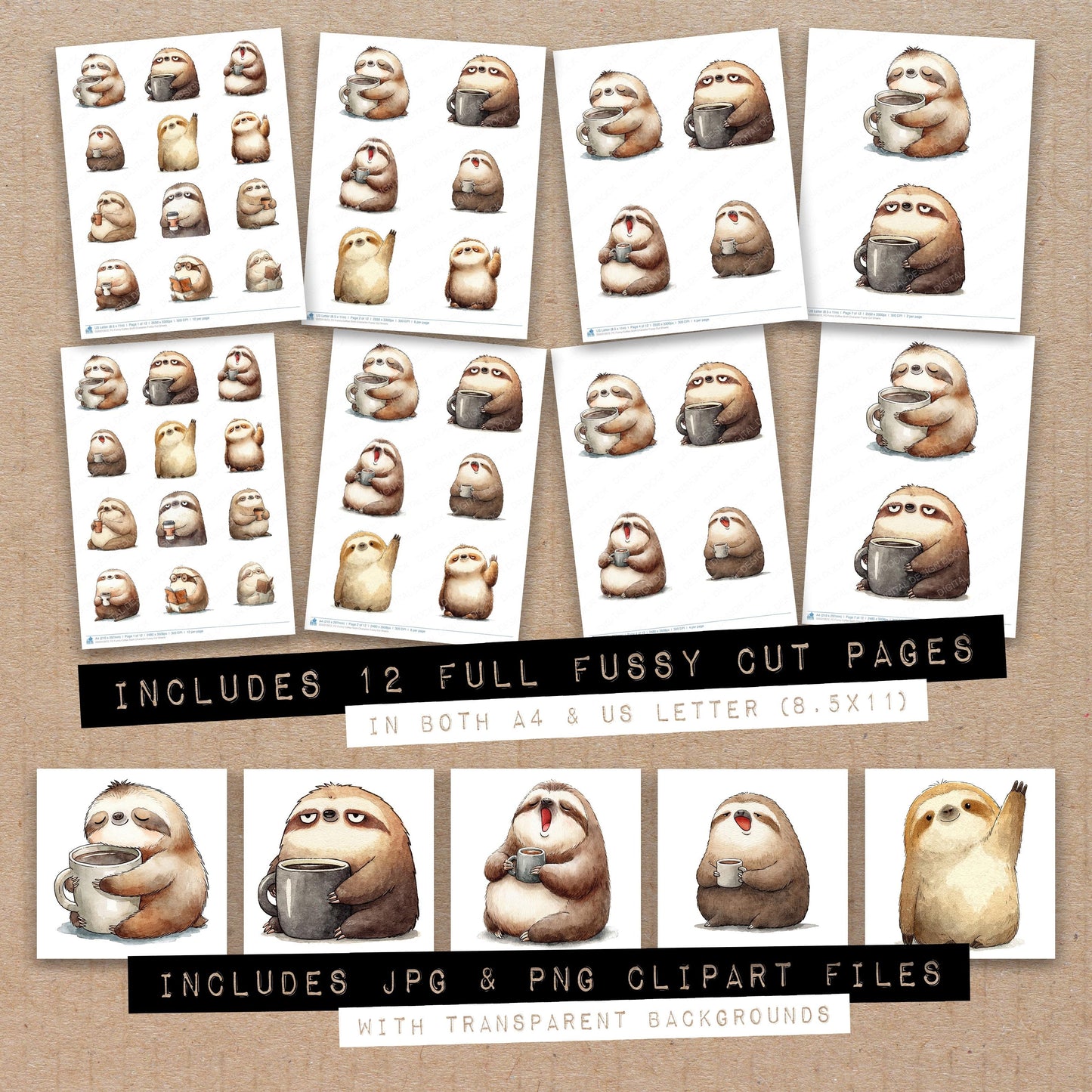 Funny Coffee Sloth Character Fussy Cut Sheets (DDD012672)