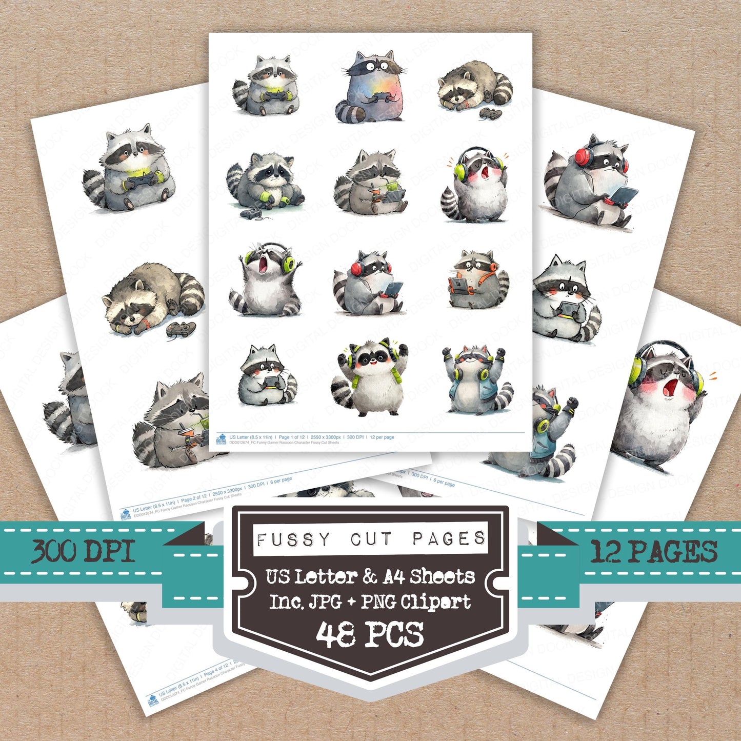 Funny Gamer Raccoon Character Fussy Cut Sheets (DDD012674)