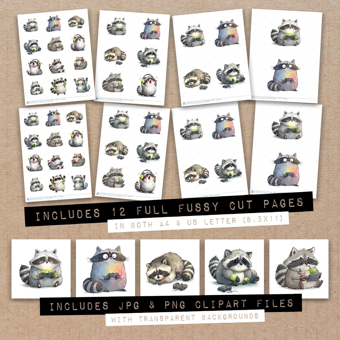 Funny Gamer Raccoon Character Fussy Cut Sheets (DDD012674)