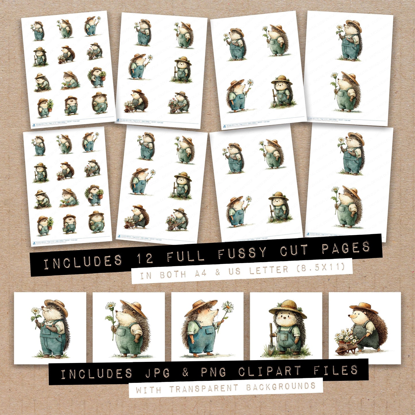 Funny Gardener Hedgehog Character Fussy Cut Sheets (DDD012675)