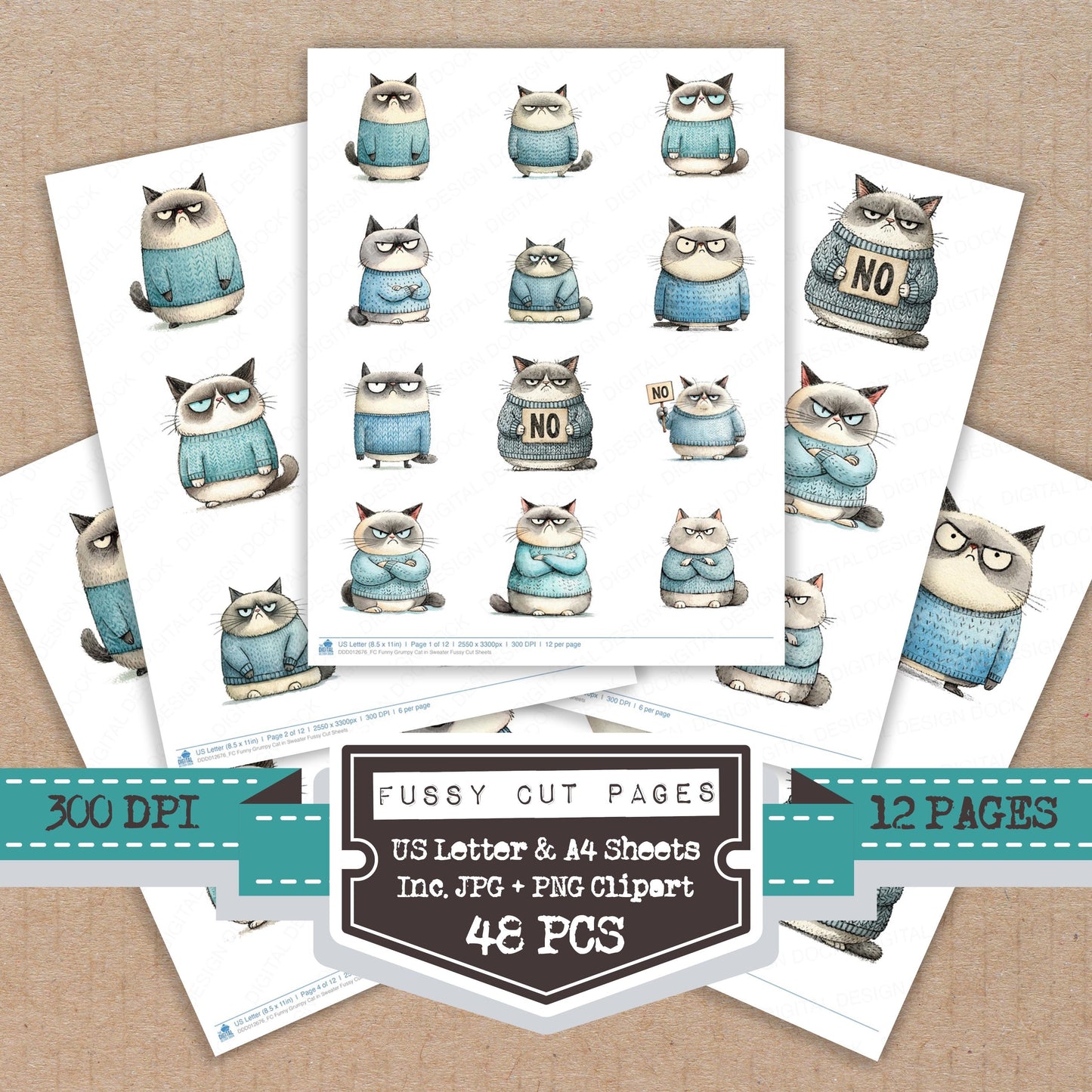 Funny Grumpy Cat in Sweater Fussy Cut Sheets (DDD012676)