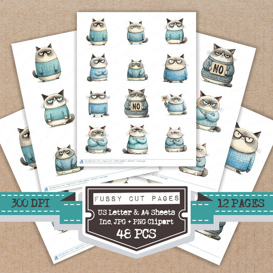 Funny Grumpy Cat in Sweater Fussy Cut Sheets (DDD012676)