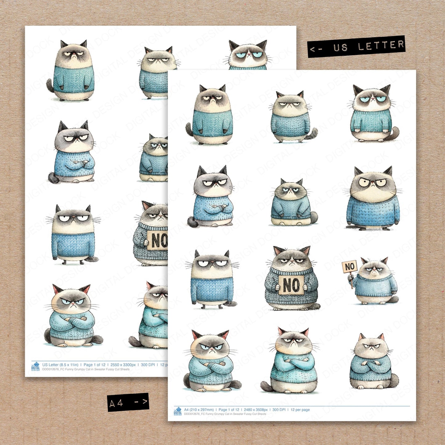 Funny Grumpy Cat in Sweater Fussy Cut Sheets (DDD012676)