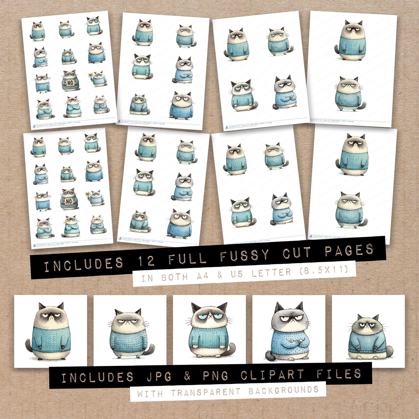 Funny Grumpy Cat in Sweater Fussy Cut Sheets (DDD012676)