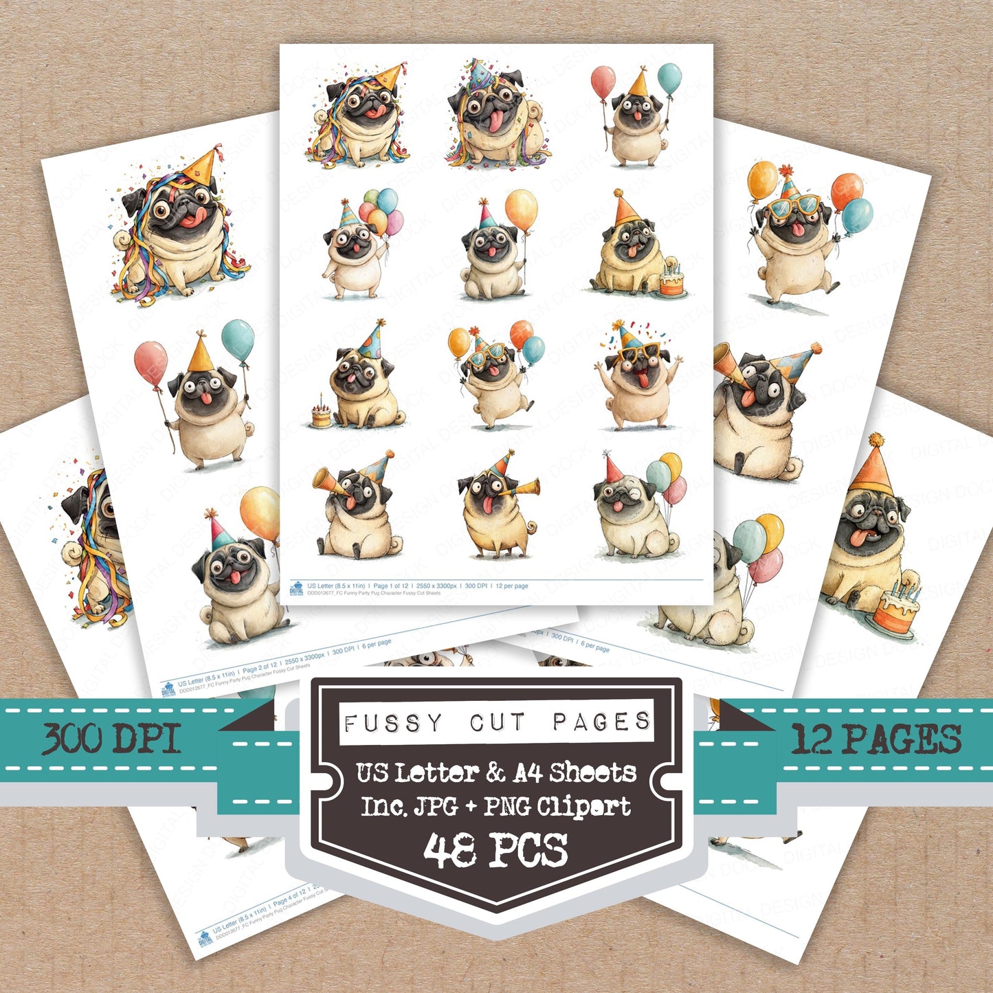Funny Party Pug Character Fussy Cut Sheets (DDD012677)