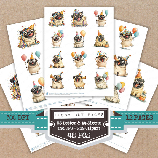 Funny Party Pug Character Fussy Cut Sheets (DDD012677)