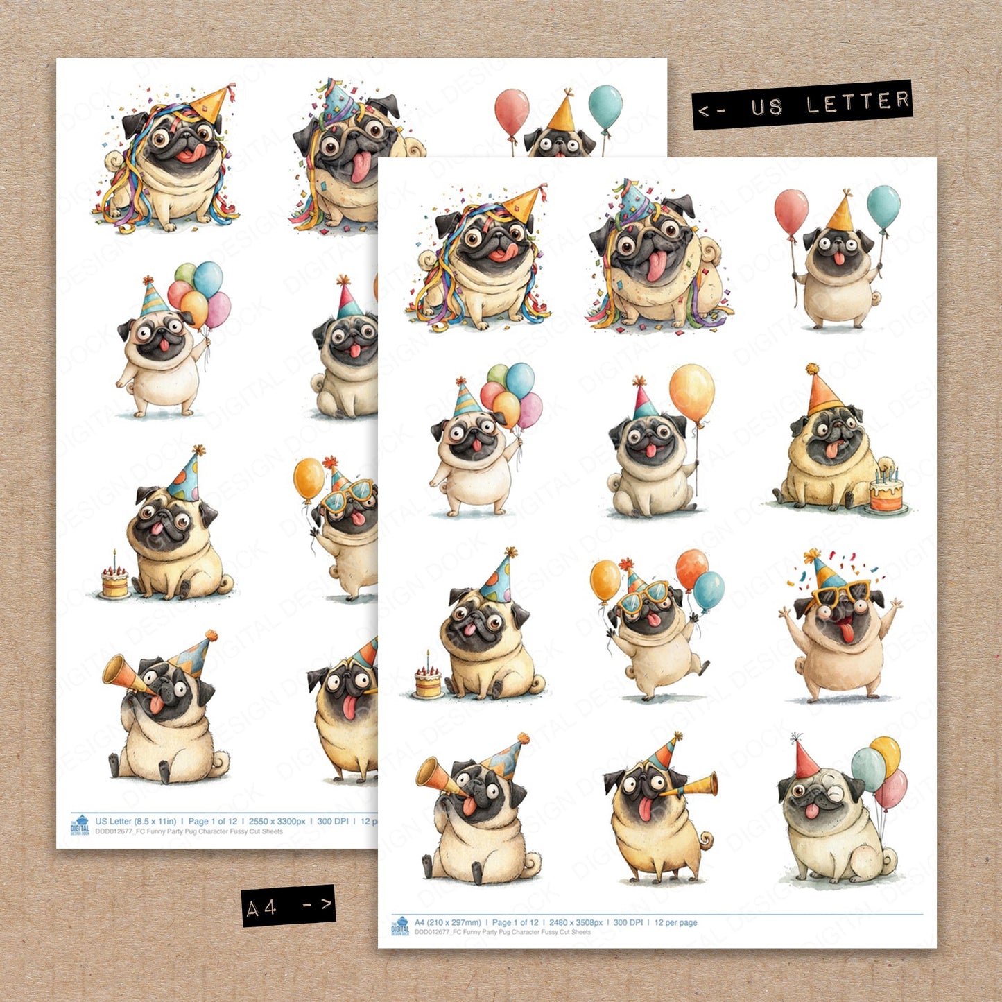Funny Party Pug Character Fussy Cut Sheets (DDD012677)