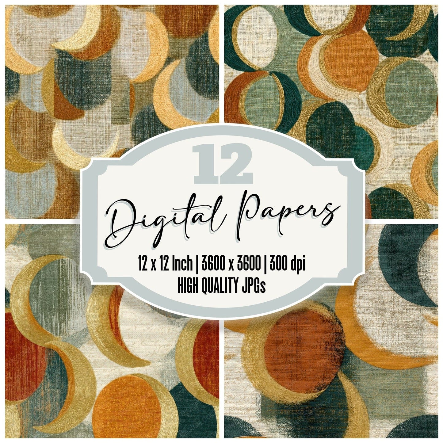 Embroidery Crescent Moon Amber Sage Seamless Digital Paper Pack (DDD012687)
