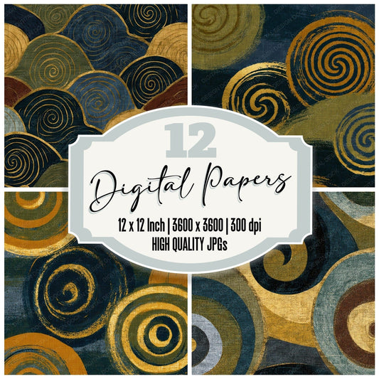 Embroidery Spirals Olive Ochre Digital Paper Pack (DDD012688)
