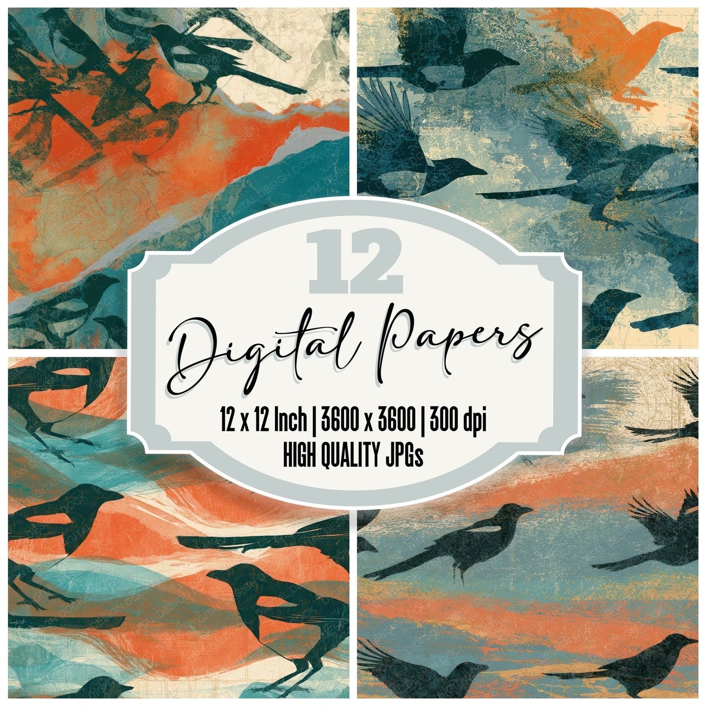 Etching Magpie Tangerine Aqua Digital Paper Pack (DDD012689)