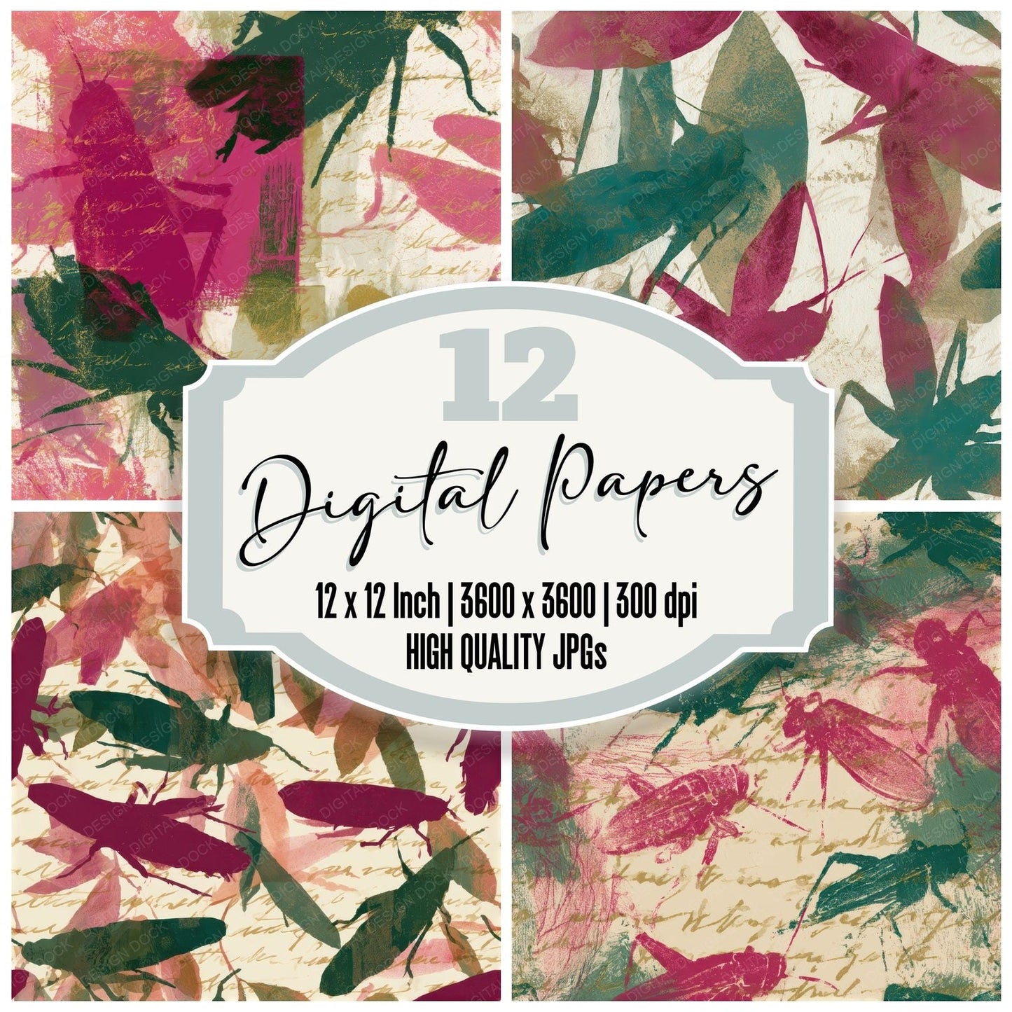 Gouache Cricket Magenta Jungle Green Seamless Digital Paper Pack (DDD012690)
