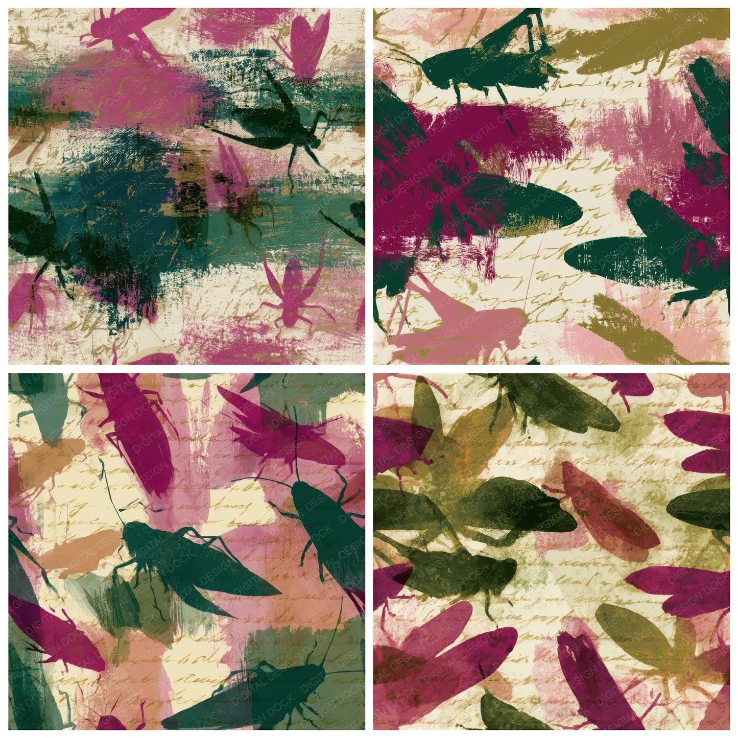 Gouache Cricket Magenta Jungle Green Seamless Digital Paper Pack (DDD012690)