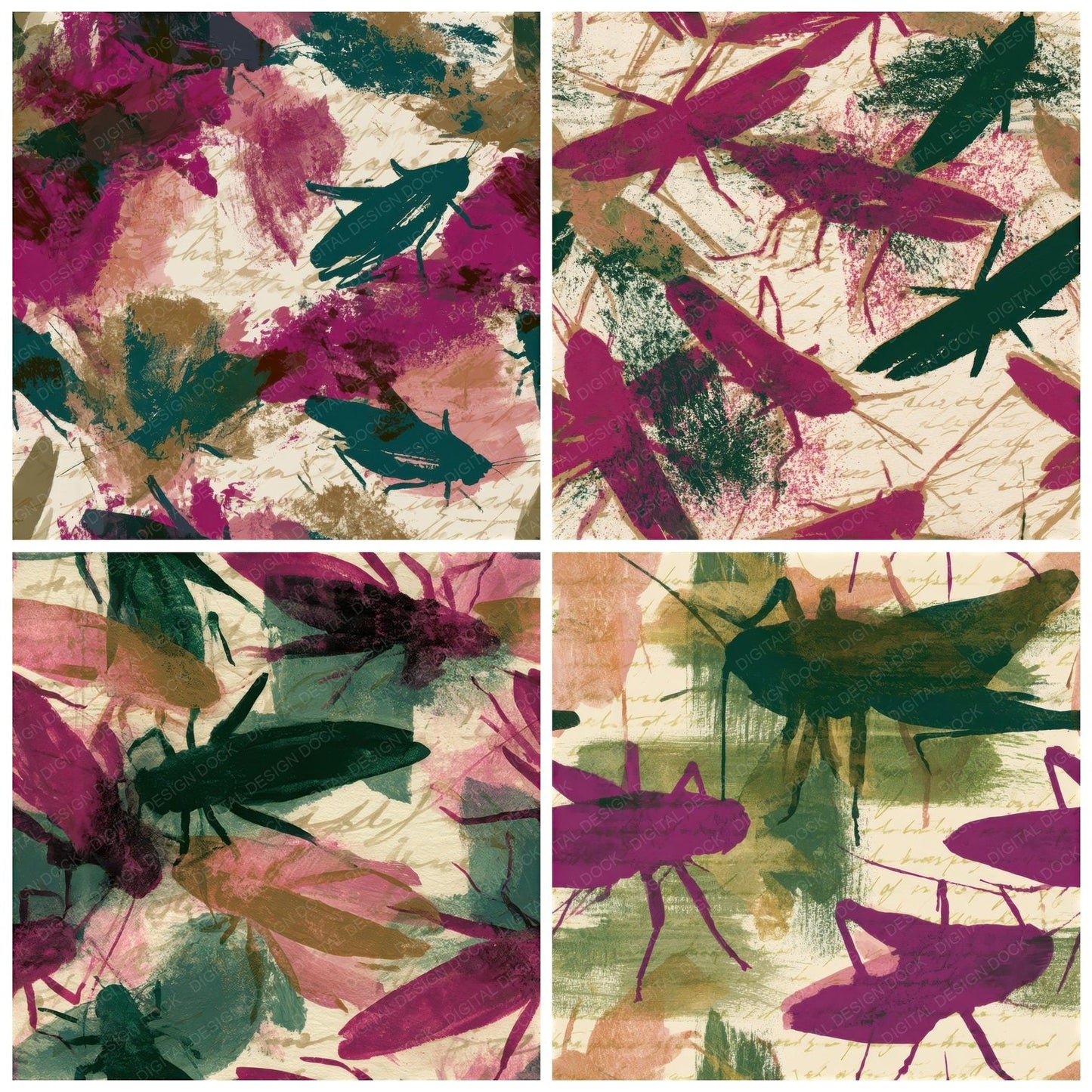 Gouache Cricket Magenta Jungle Green Seamless Digital Paper Pack (DDD012690)