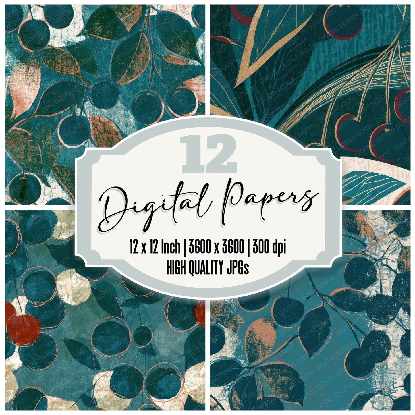Letterpress Cherries Teal Bone Digital Paper Pack (DDD012693)