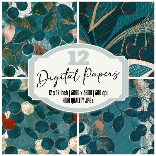 Letterpress Cherries Teal Bone Digital Paper Pack (DDD012693)
