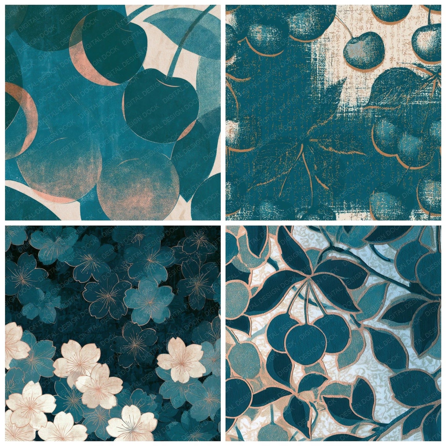 Letterpress Cherries Teal Bone Digital Paper Pack (DDD012693)