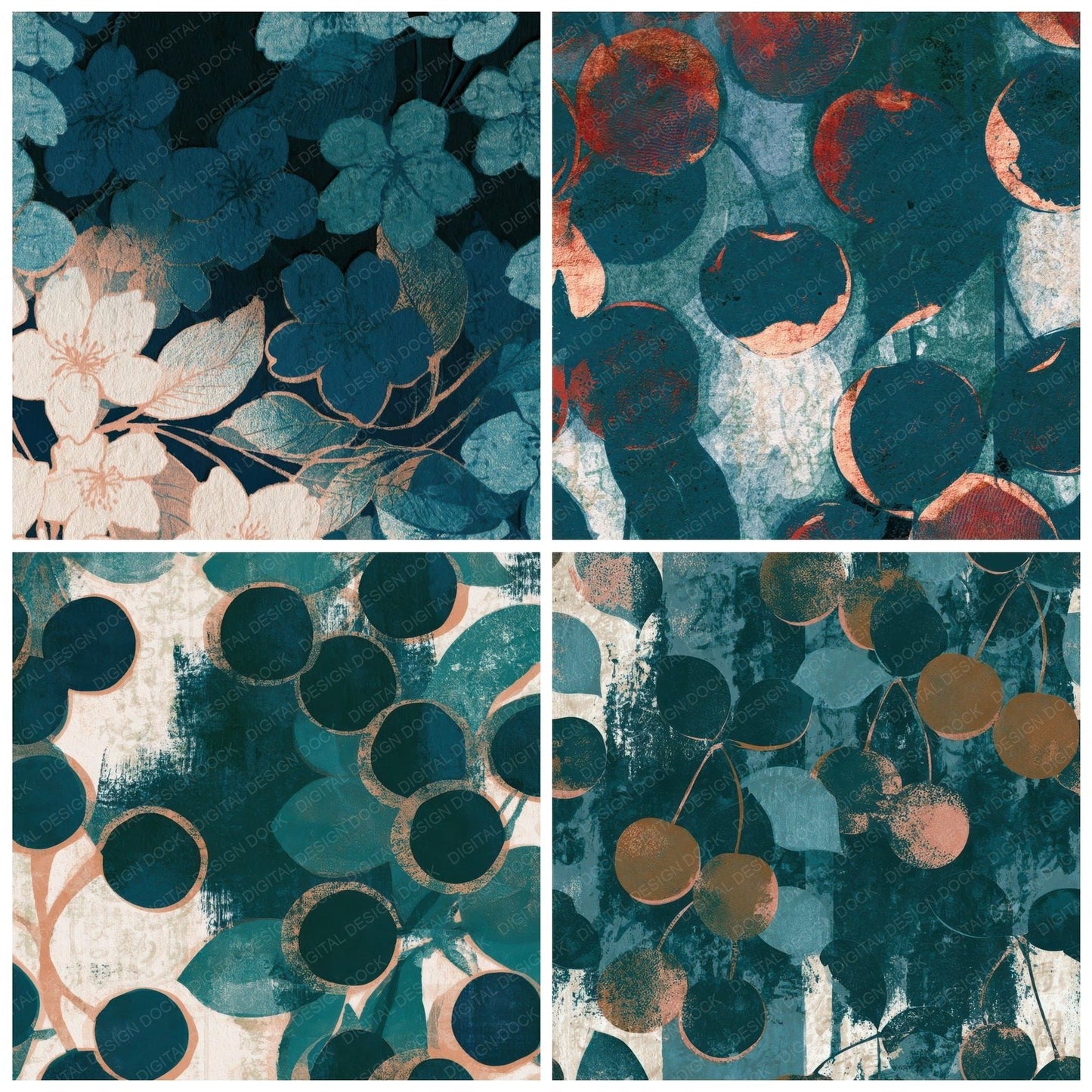 Letterpress Cherries Teal Bone Digital Paper Pack (DDD012693)