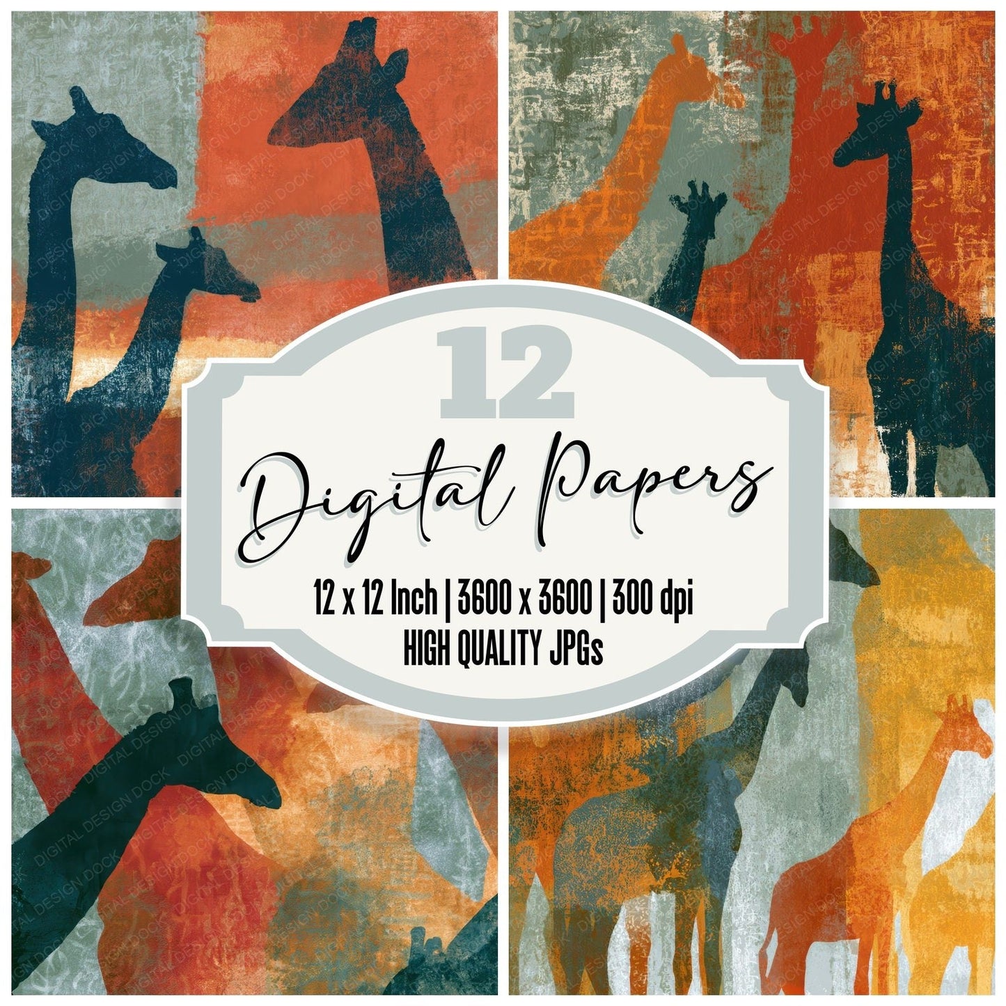 Sumi-e Giraffe Terracotta Sage Digital Paper Pack (DDD012701)