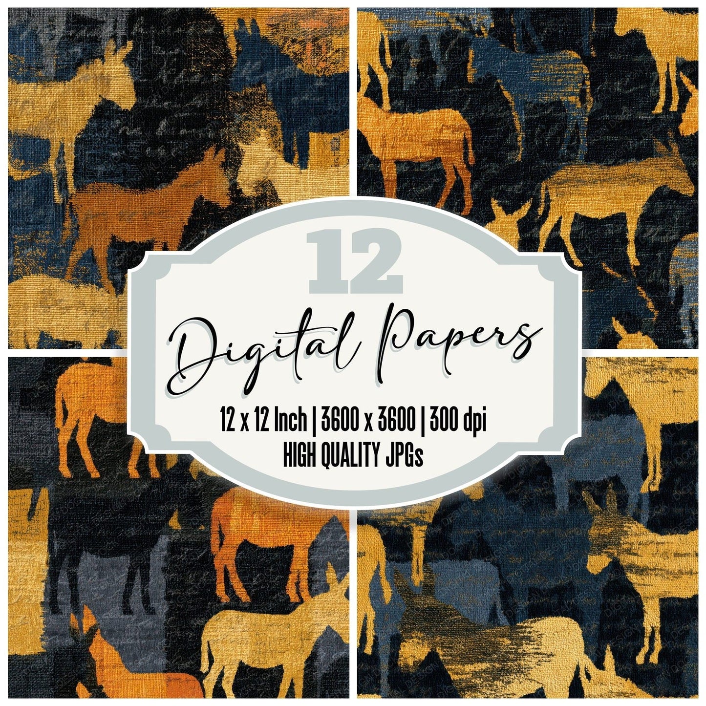Tapestry Donkey Charcoal Gold Digital Paper Pack (DDD012702)