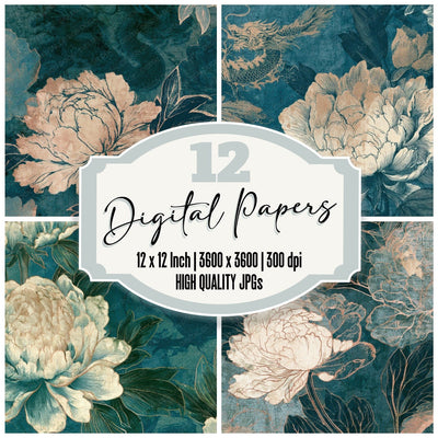 Antique Botanical Dragons Teal Copper Digital Paper Pack (DDD012705)