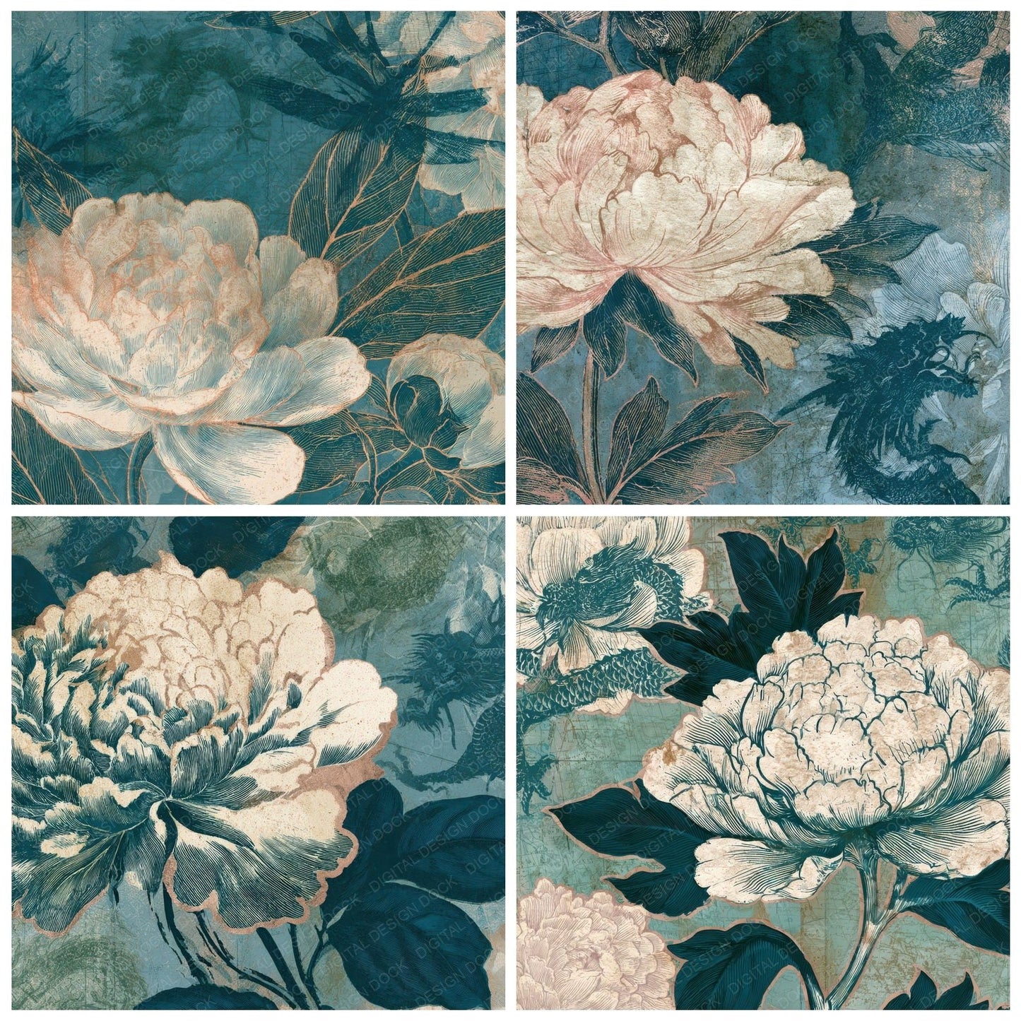 Antique Botanical Dragons Teal Copper Digital Paper Pack (DDD012705)