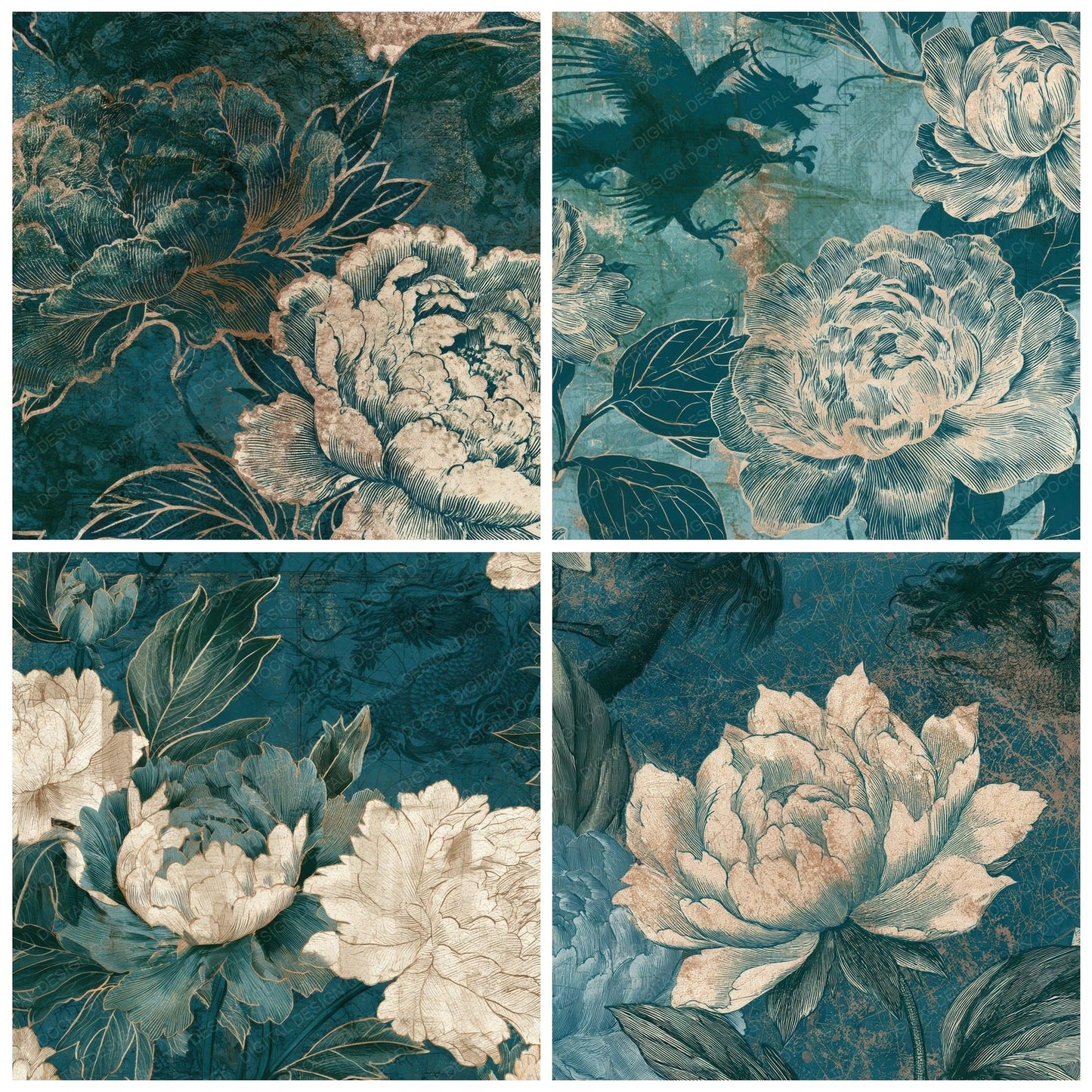 Antique Botanical Dragons Teal Copper Digital Paper Pack (DDD012705)