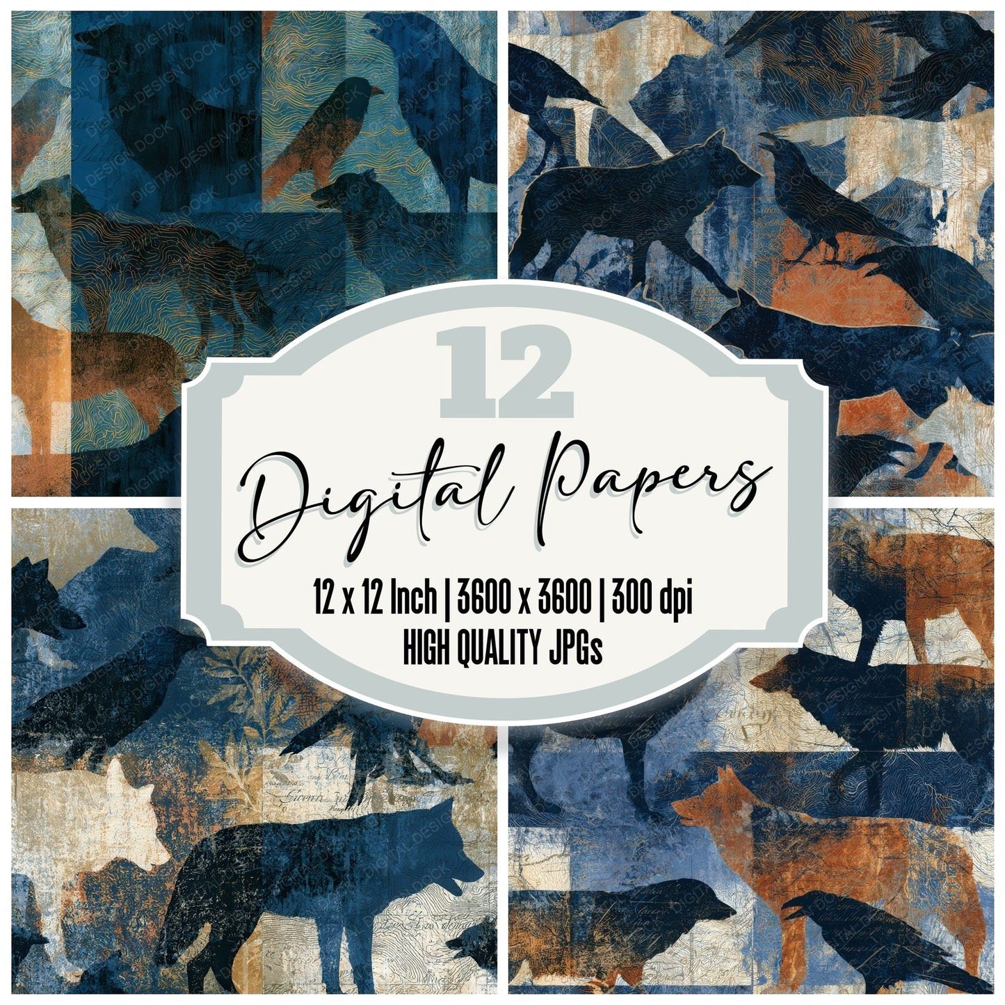 Antique Map Wolves Ravens Seamless Digital Paper Pack (DDD012706)