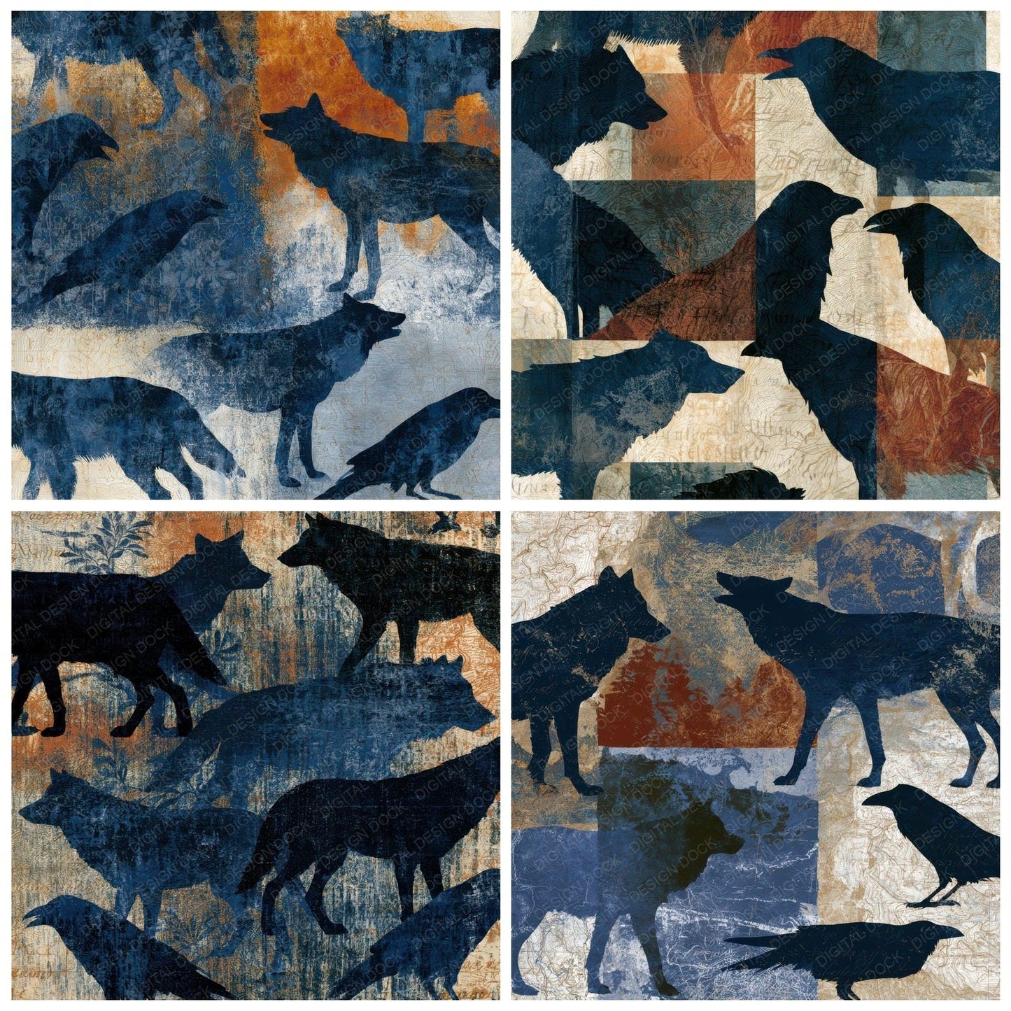 Antique Map Wolves Ravens Seamless Digital Paper Pack (DDD012706)