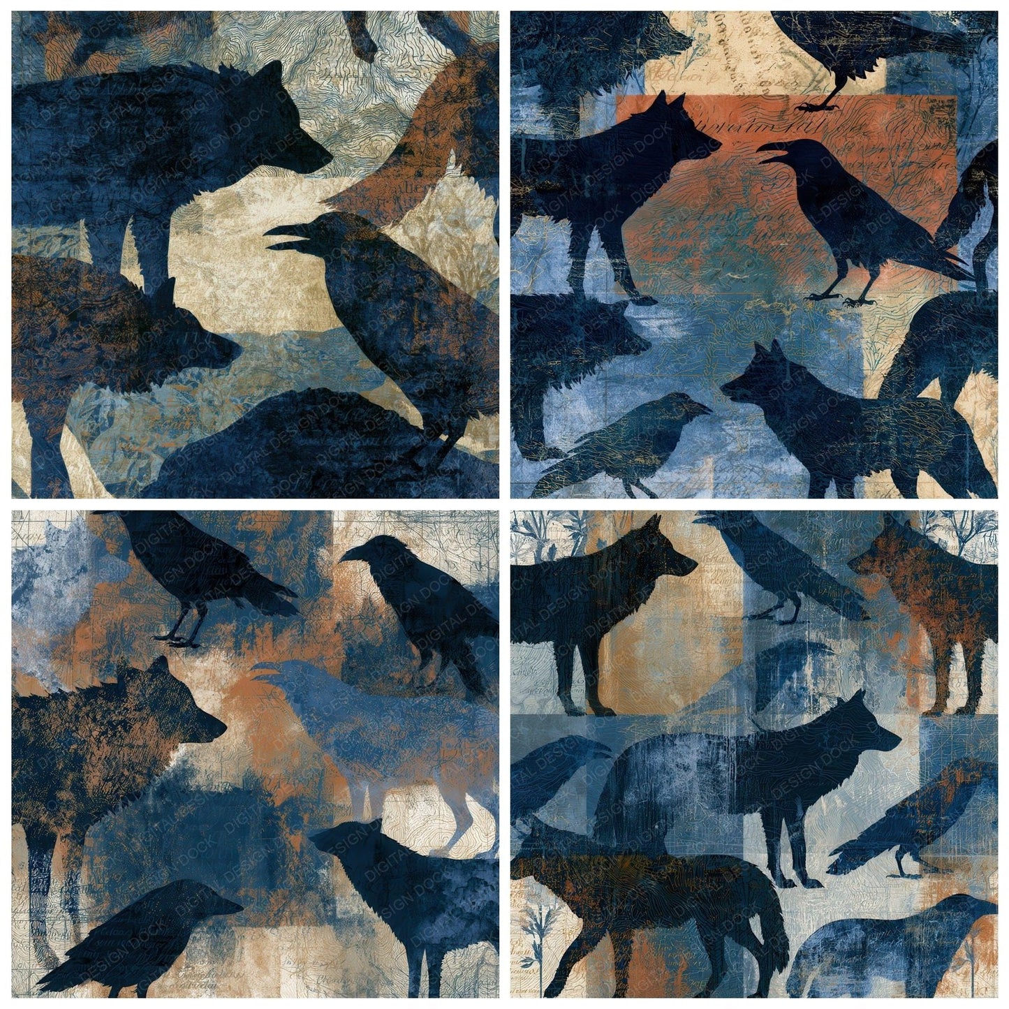 Antique Map Wolves Ravens Seamless Digital Paper Pack (DDD012706)
